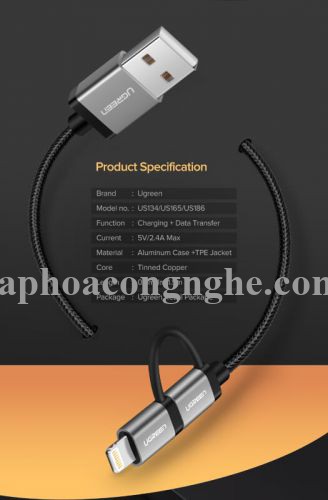 Ugreen 50204 0.5M Màu Đen Cáp sạc đa năng USB sang TypeC + Micro + Lightning có Chip MFI US186 30050204
